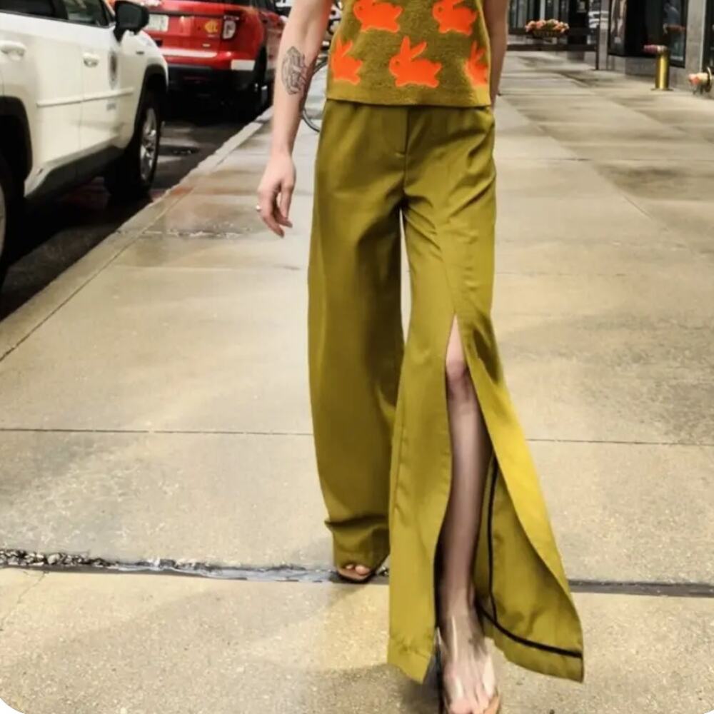 Thebe Magugu Olive Split Formal Pant MEDIUM Wide Leg Trouser Artsy Designer $600